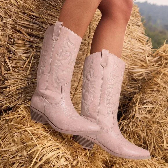 Women's Pink Pointed Toe Pull On Wide Calf Pu Chunky Low Heel Cowgirl Boots - Picture 8 of 8